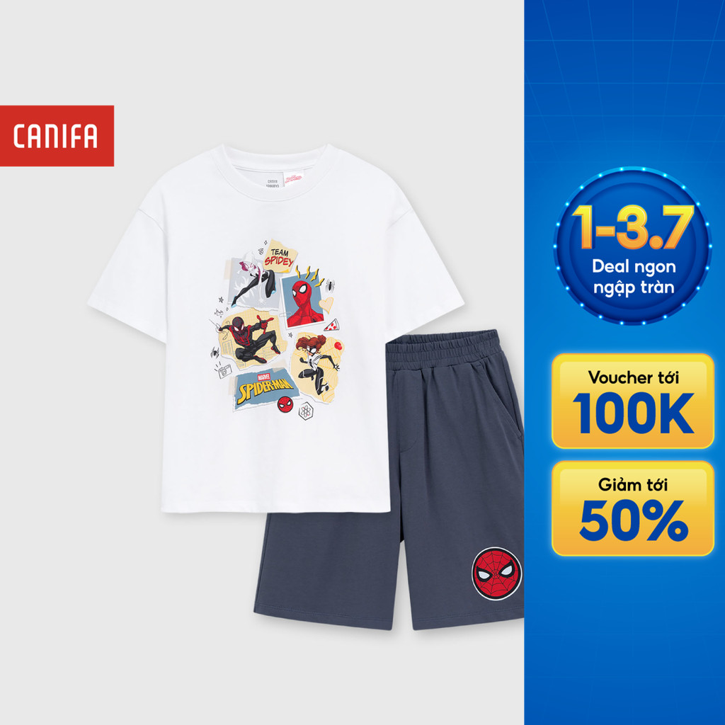 Bộ quần áo bé trai CANIFA bộ cộc tay chất cotton USA in hình Spiderman 2ST26S001