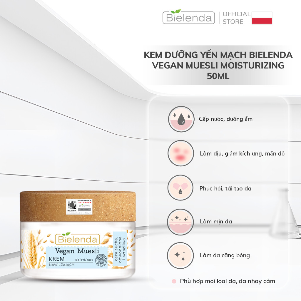Kem dưỡng yến mạch Bielenda Vegan Muesli Moisturizing làm dịu, cấp ẩm, phục hồi da 50ml