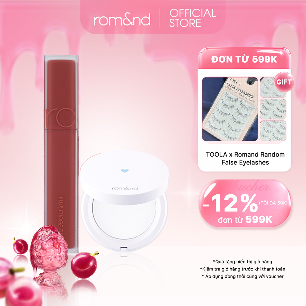 Combo Phấn phủ dạng nén Romand Better Than Finish 12g + Son kem siêu lì Romand Blur Fudge Tint 5g