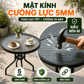 Bàn Tròn Ngoài Trời Bàn Kính Cường Lực 60cm 80cm Có Lỗ Cắm Ô Chân Thép Sơn Tĩnh Điện Sân Vườn Ban Công Cafe