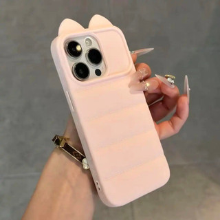 Ốp lưng nhựa mềm áo lông vũ tai mèo nổi 3D trơn màu, chống va đập bền lâu iPhone 12/13/14/15/16 Pro Max