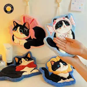 {TB & Bag} Khăn tay nhung san hô hoạt hình cho nhà bếp Khăn lau tay mèo Kawaii Vải lau phòng tắm Khăn treo thấm hút sạch.