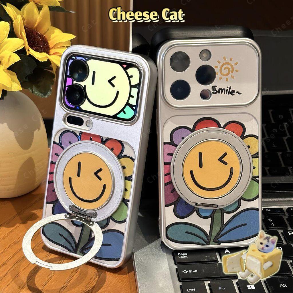 Ốp điện thoại xoay kim loại hình mặt cười hướng dương đầy màu sắc cho iPhone 17 16 15 14 Pro Max 13 12 11 Xs XR