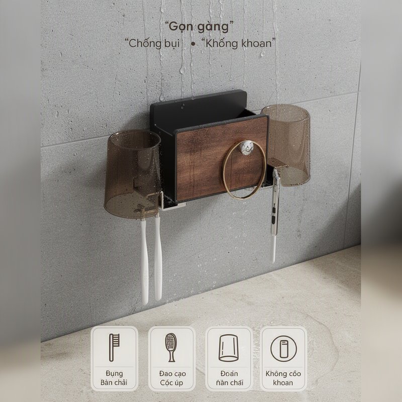 Kệ Đựng Bàn Chải Đánh Răng Hút Chân Không Dán Tường Không Khoan Nhựa Pet Có Cốc