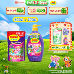 Combo Sữa Tắm Gội thiên nhiên Sạch Dịu Nhẹ & ẩm mịn Cho Bé Carrie Junior hương Cheeky Cherry: Chai 700g + Túi 500g