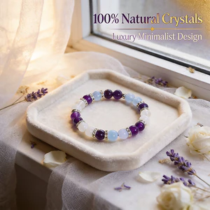 Vòng tay Aquamarine thạch anh tím tự nhiên Unisex - Hạt pha lê 8 mm kèm miếng đệm đính kim cương Đá mặt trăng trắng - Tăng cường sự tự tin Thu hút tình yêu Tối giản sang trọng