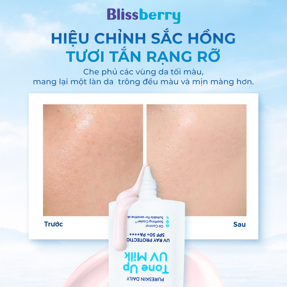 (DA DẦU MỤN) Kem Chống Nắng Nâng Tone Mát Dịu Kiềm Dầu Blissberry Tone Up UV Milk 60ml SPF 50+ PA++++