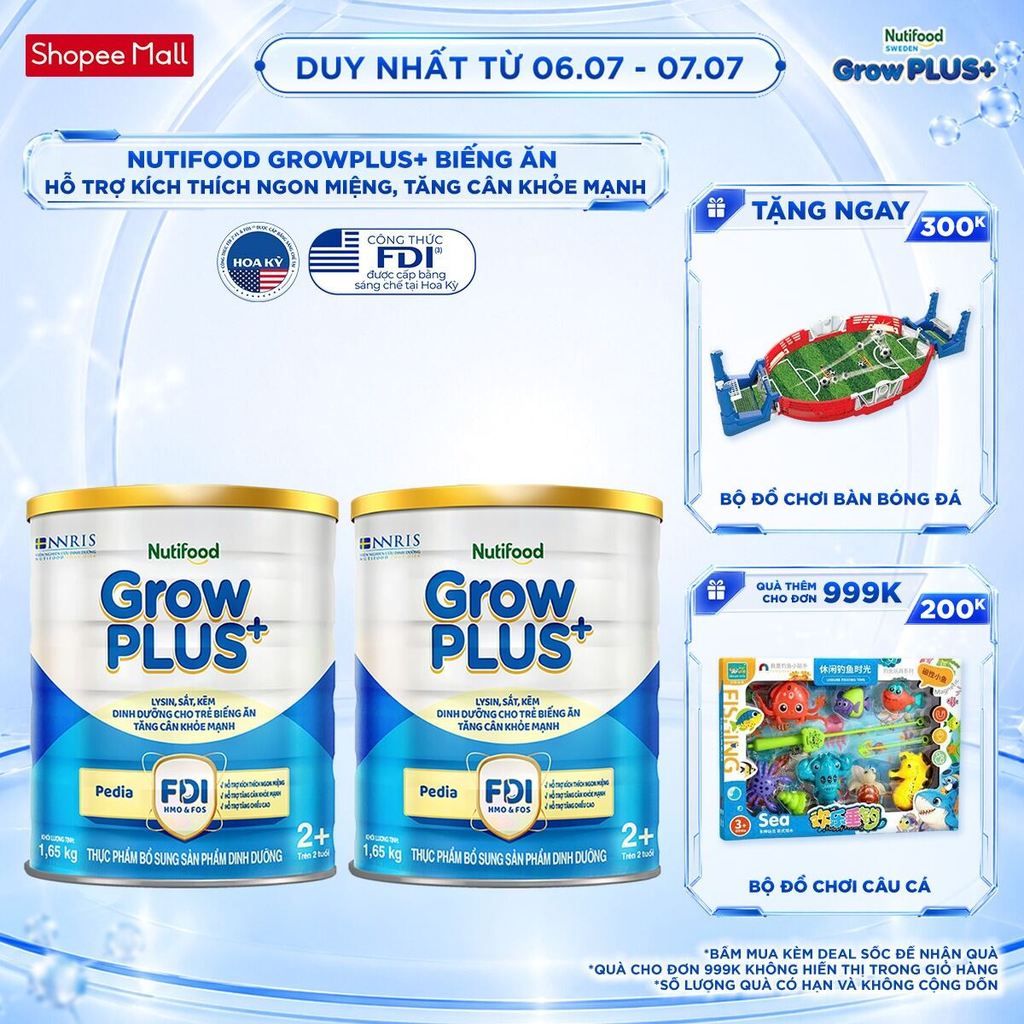 Combo 2 Sữa Bột Nutifood GrowPLUS+ Biếng Ăn (Xanh) 2+ - Tăng Cân Khỏe Mạnh (2 Lon 1,65 Kg)