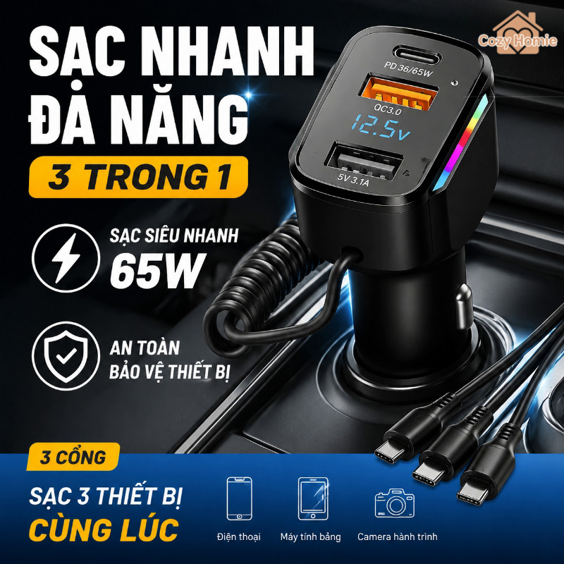Tẩu sạc ô tô sạc nhanh 120W đa cổng 3in1 an toàn chống cháy dây cuốn gọn linh hoạt tương thích