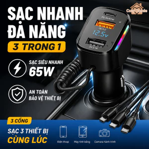 Tẩu sạc ô tô sạc nhanh 120W đa cổng 3in1 an toàn chống cháy dây cuốn gọn linh hoạt tương thích