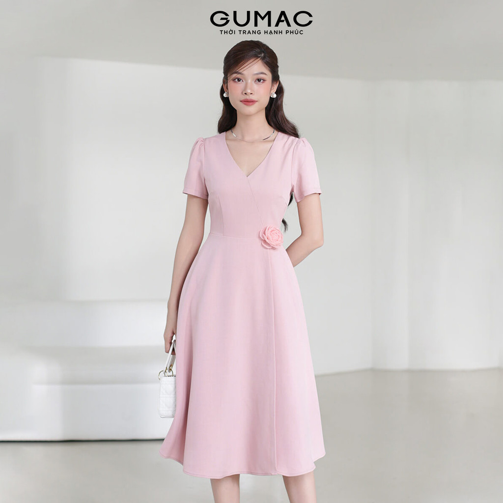 Đầm Nữ Dáng A Xòe GUMAC Cổ Tim Đắp Chéo Đính Hoa Trang Trí Eo Chất Linen Bố Đứng Form DE03017