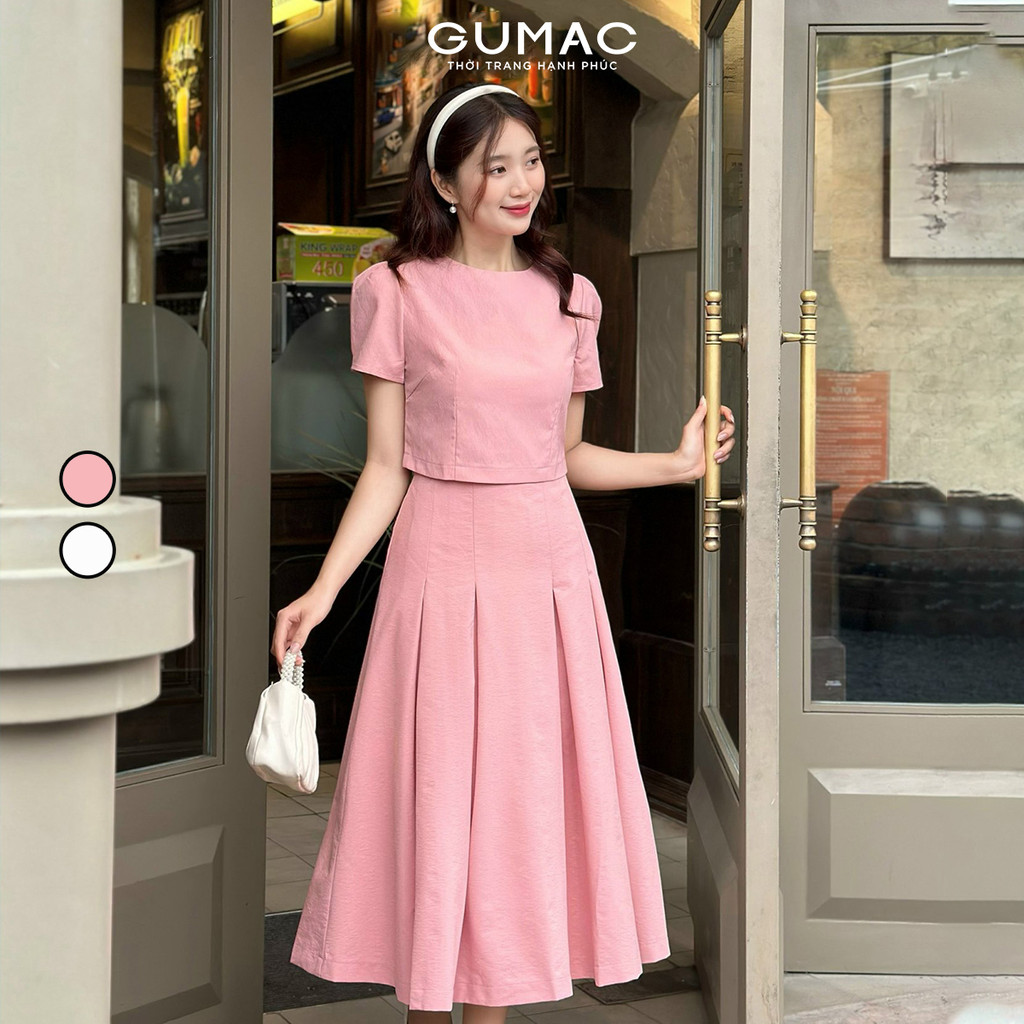 Set Lẻ Áo Kiểu Nữ GUMAC Form Lửng Tay Phồng YAE05090 - Chân Váy Nữ A Midi Xếp Ly Thanh Lịch YVE05091