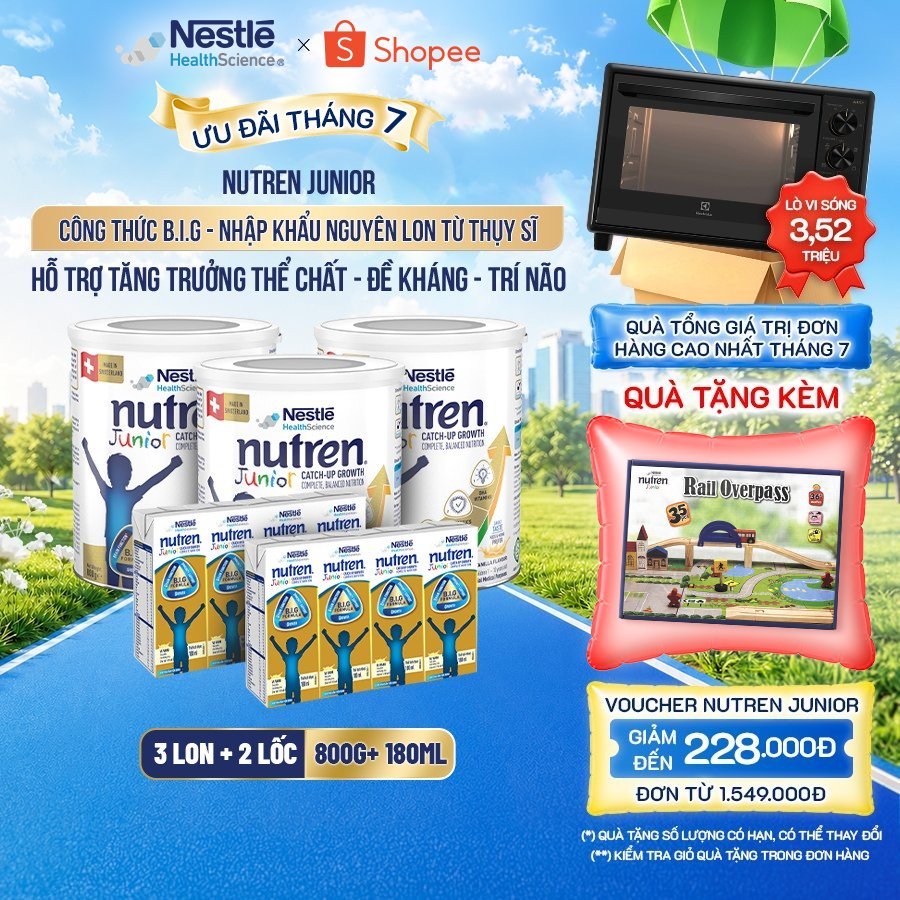 Bộ 3 Sữa Bột NESTLÉ NUTREN JUNIOR Thụy Sĩ Với Công Thức BIG Hỗ Trợ Tăng Trưởng Cho Bé 800G+2 Lốc 4 hộp sữa pha sẵn 180ML