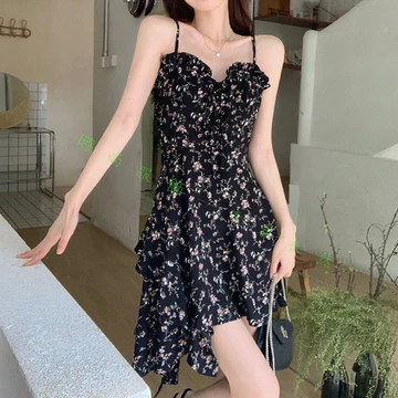 Hàng Mới Về Váy Hoa Mùa Hè Váy Ngắn Nhỏ Váy Hoa Đen Suspender Váy Đầm Nữ Nguyên Chất Desire Phong Cách Hẹp Eo Mỏng Hơn Nhìn Váy Ngắn Treo Váy Nữ Nhật Bản Hàn Quốc Thường Ngày