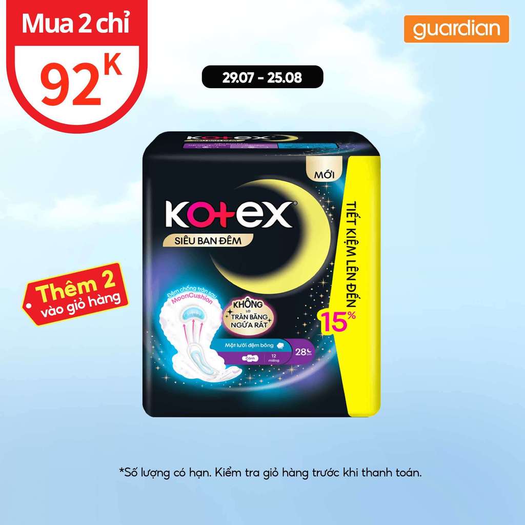 Băng Vệ Sinh Kotex Siêu Ban Đêm Dày Cánh 28Cm 12 Miếng