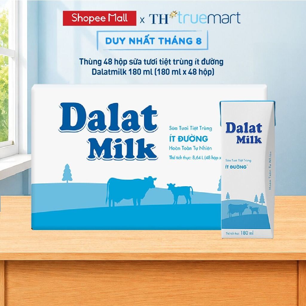 [LIVE STREAM] Thùng 48 hộp sữa tươi tiệt trùng Dalatmilk ít đường 180 ml (180 ml x 48)