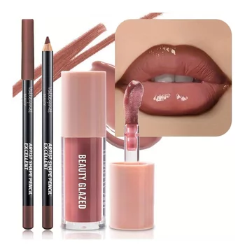 2 Cái / bộ Lip Gloss & Lip Liner Set Mocha Brown – Lip Plumping Effect Lip Combo Set cho Volume Lips, Fuller Look Lips, High Shine Glass Lips Look, Gradient Lips & Over Lip Makeup