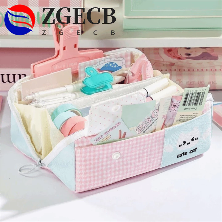 Hộp Đựng Bút Chì Họa Tiết Mèo ZGECB, Túi Đựng Bút Nhiều Lớp Chấm Bi Hoạt Hình, Màu Kem Mới Dung Tích Lớn Phong Cách Văn Phòng Phẩm Tổ Chức Văn Phòng Phẩm Văn Phòng Phẩm Văn Phòng