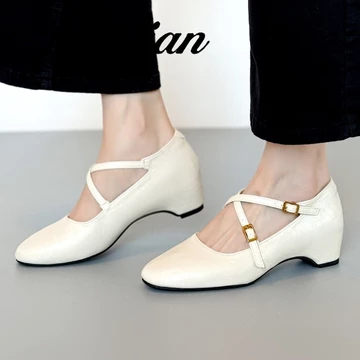 (Size 34-40) Da Thật Chính Hãng Giày Cao Gót Nữ Mũi Tròn Giày Lười Nữ Phong Cách Hàn Quốc Giày Cao Gót Da Nữ Giày Hot Giày Màu Trơn Mary Jane Giày Đen