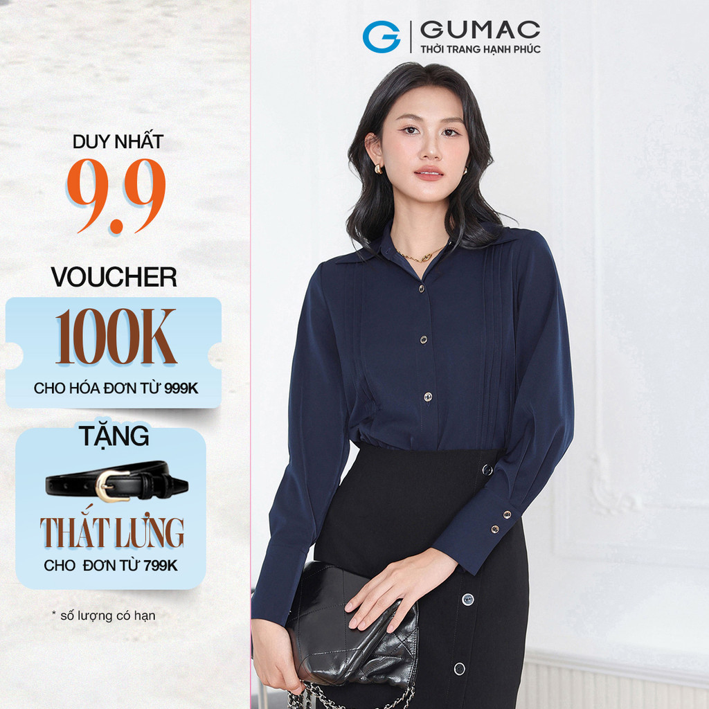 Áo Sơ Mi Nữ GUMAC Tay Dài Chiết Ly Lá Cổ Nhọn Vải Lụa Mềm Mát Công Sở AF03007