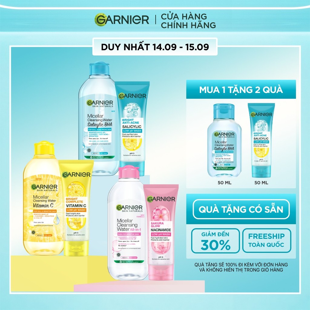 [MUA 2 TẶNG 2] Bộ đôi Sữa rửa mặt & Nước tẩy trang sạch thoáng Garnier LowpH làm sạch sâu cho mọi loại da 400x100ml