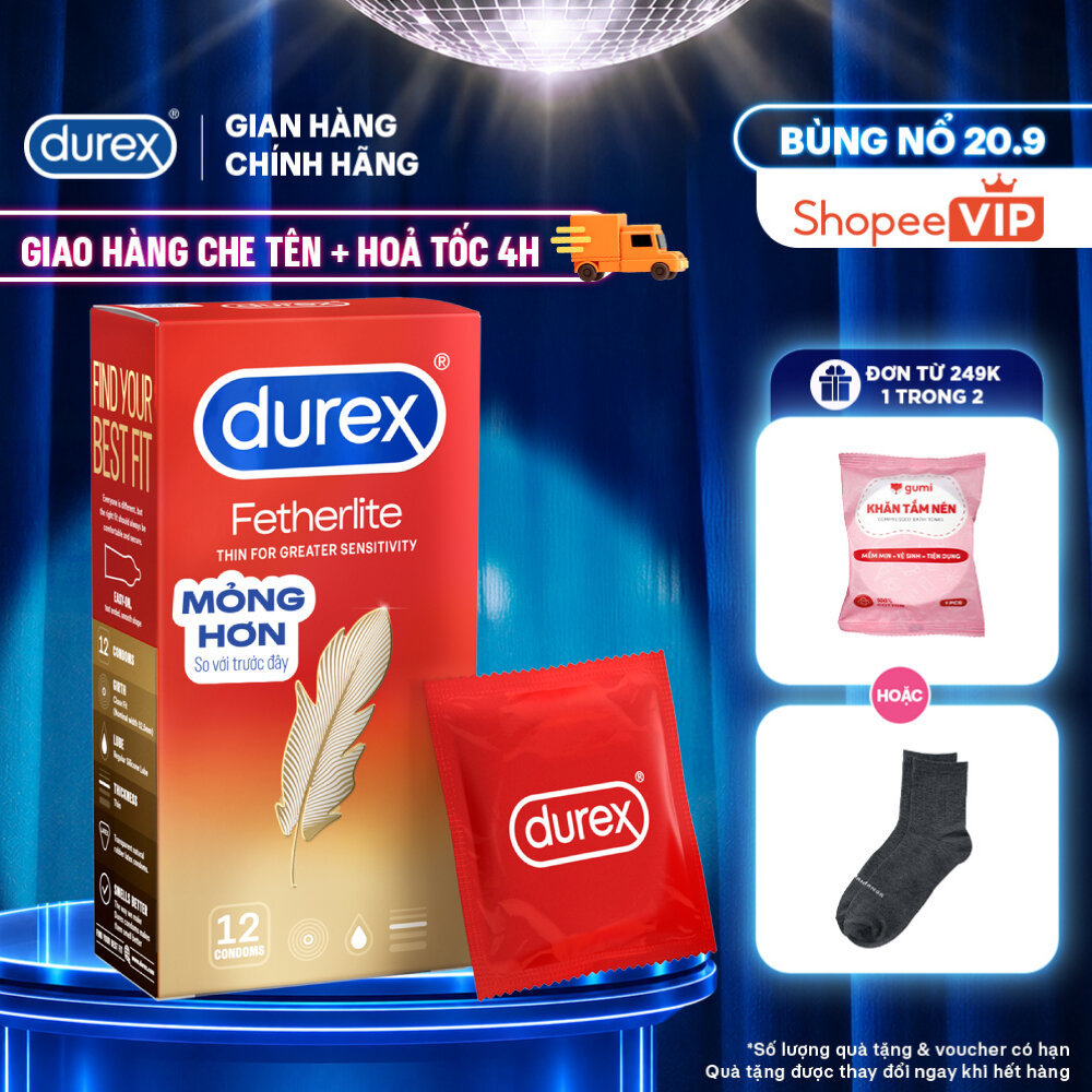 [HỎA TỐC 4H] Bao cao su Durex Fetherlite siêu mỏng, size 52.5mm, 12 bao/hộp