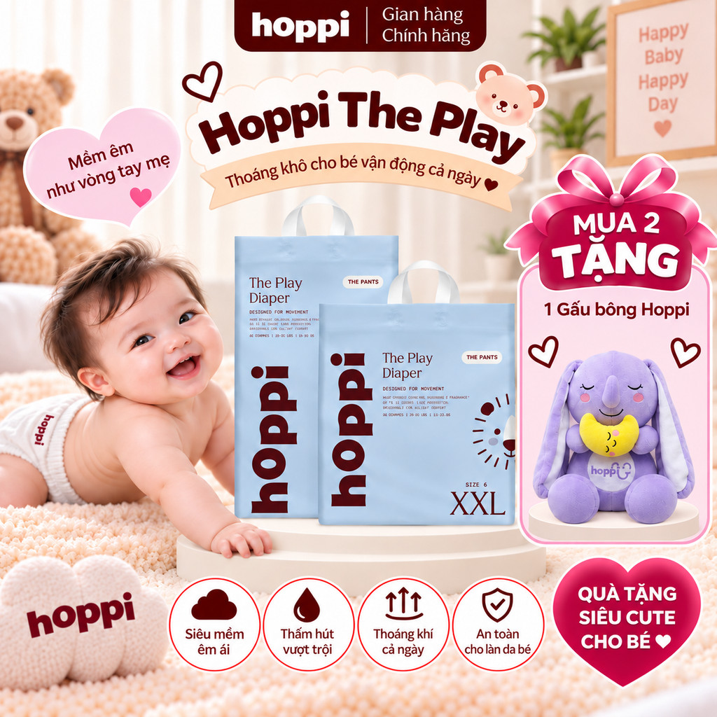 [M02] Tã/Bỉm Hoppi The Play  - Thiết kế siêu co giãn, cho bé tự do vận động ( Đủ các size cho bé)