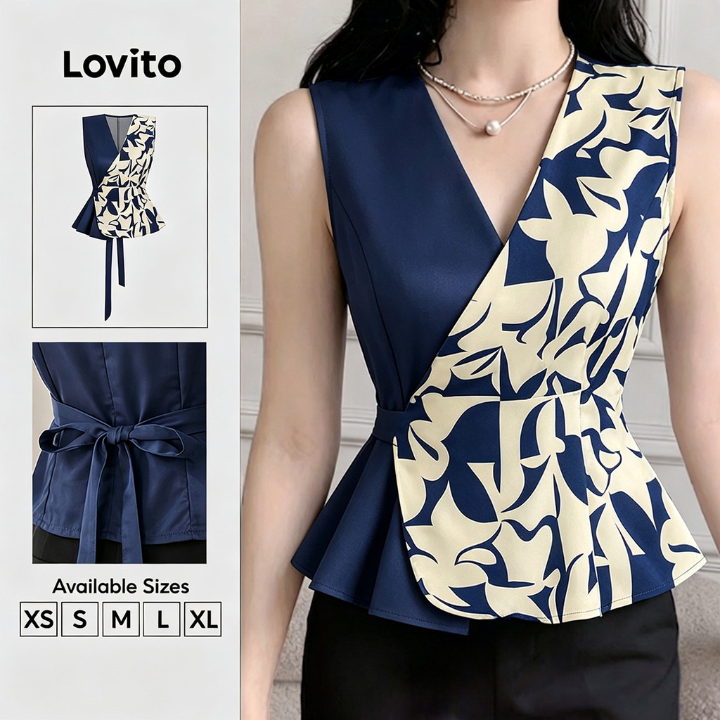 Áo kiểu Lovito thanh lịch với họa tiết hoa, đường may tương phản màu sắc, thích hợp cho mùa xuân/hè, dành cho nữ, mã sản phẩm BLB199P2D436.