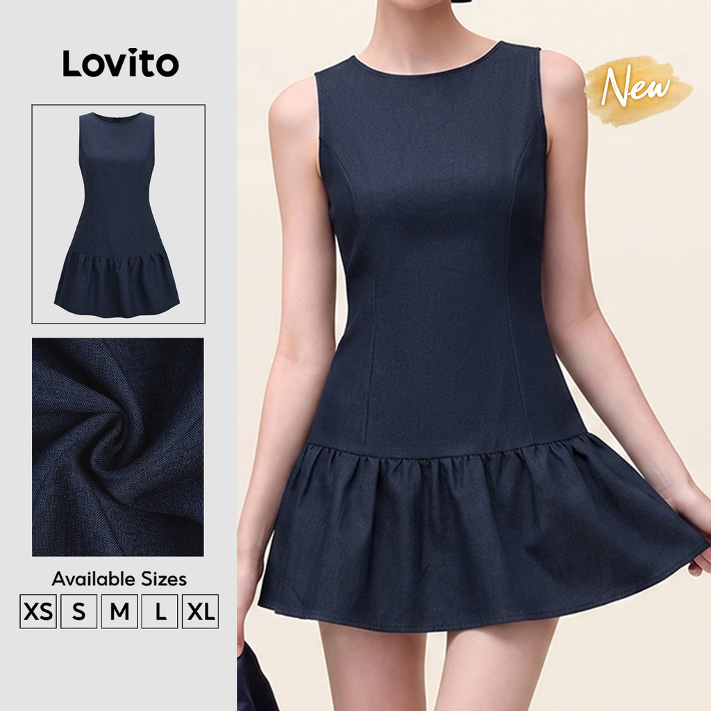 (New Arrival) Lovito Đầm Xanh Đậm Dáng Ngắn Viền Nhún Xòe Cấu Trúc Đường Nét Phong Cách Thường Ngày Mùa Xuân Hè Cuối Tuần Cho Nữ DRB206TD015
