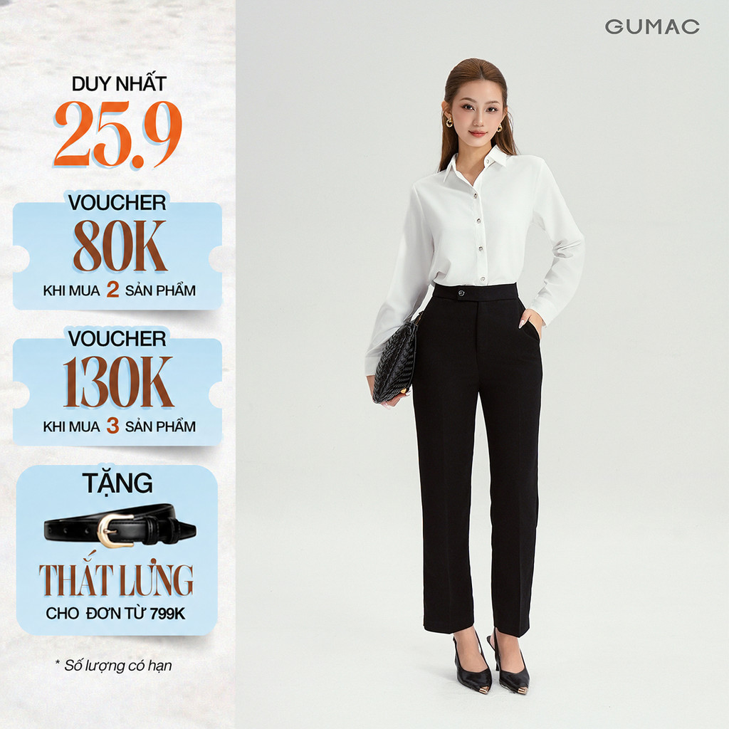 [NHẬP OUTLETLP25 GIẢM 25%] Quần Ống Đứng Nữ 95cm GUMAC Quần Tây Lưng Cao Quai Dê Chất Tuyết Mưa Công Sở Cạp Cao LQF0626
