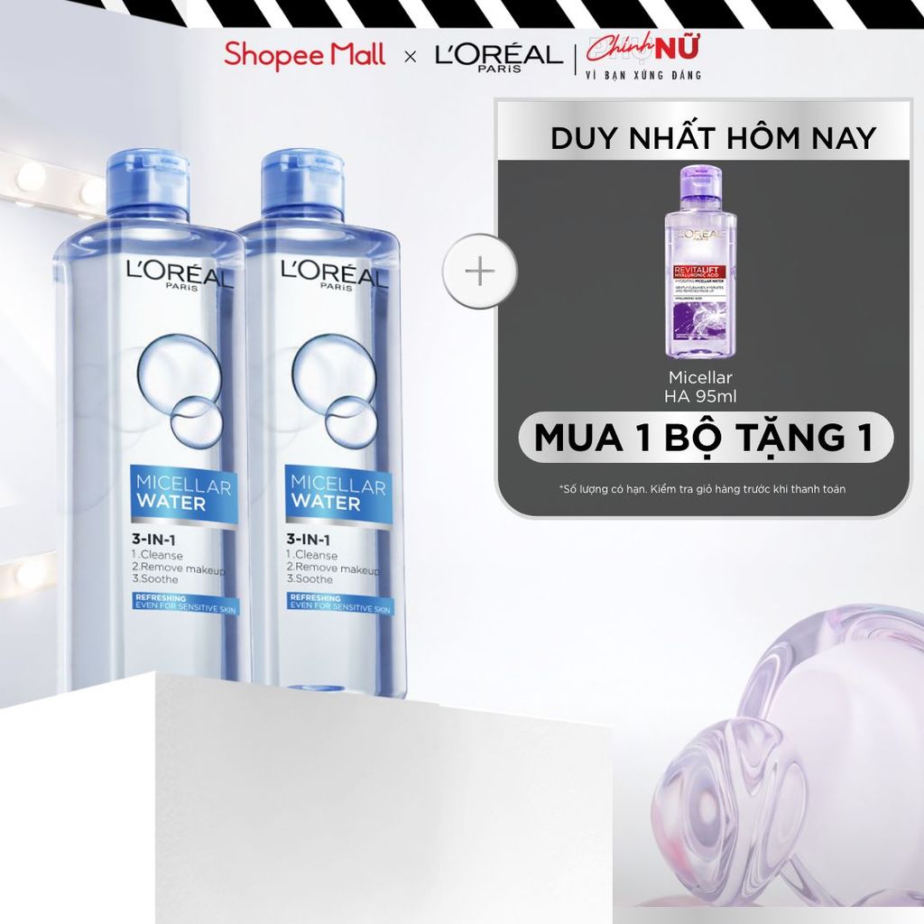 Bộ 2 nước tẩy trang đa năng 3in1 tươi mát L'Oreal Paris (xanh dương nhạt) 400ml