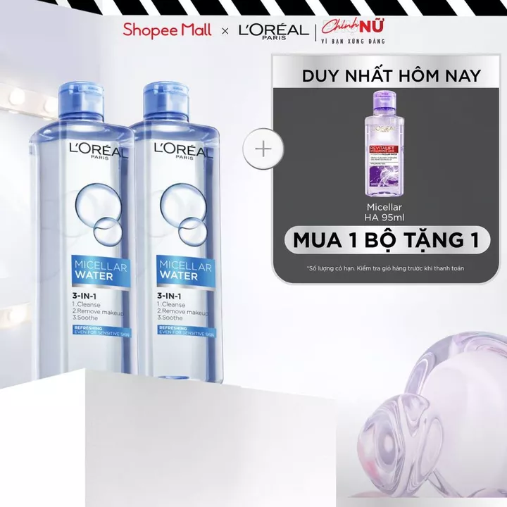 Bộ 2 nước tẩy trang đa năng 3in1 tươi mát L'Oreal Paris (xanh dương nhạt) 400ml