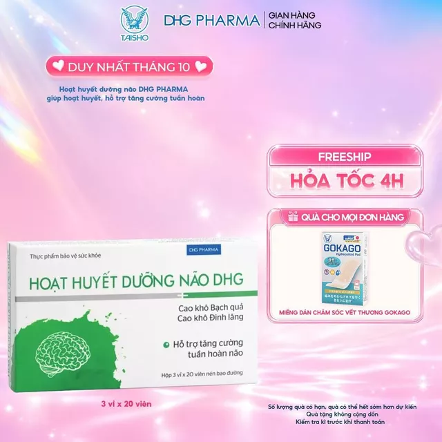 Hoạt huyết dưỡng não DHG PHARMA giúp hoạt huyết, hỗ trợ tăng cường tuần hoàn hộp 3 Vỉ x 20 Viên