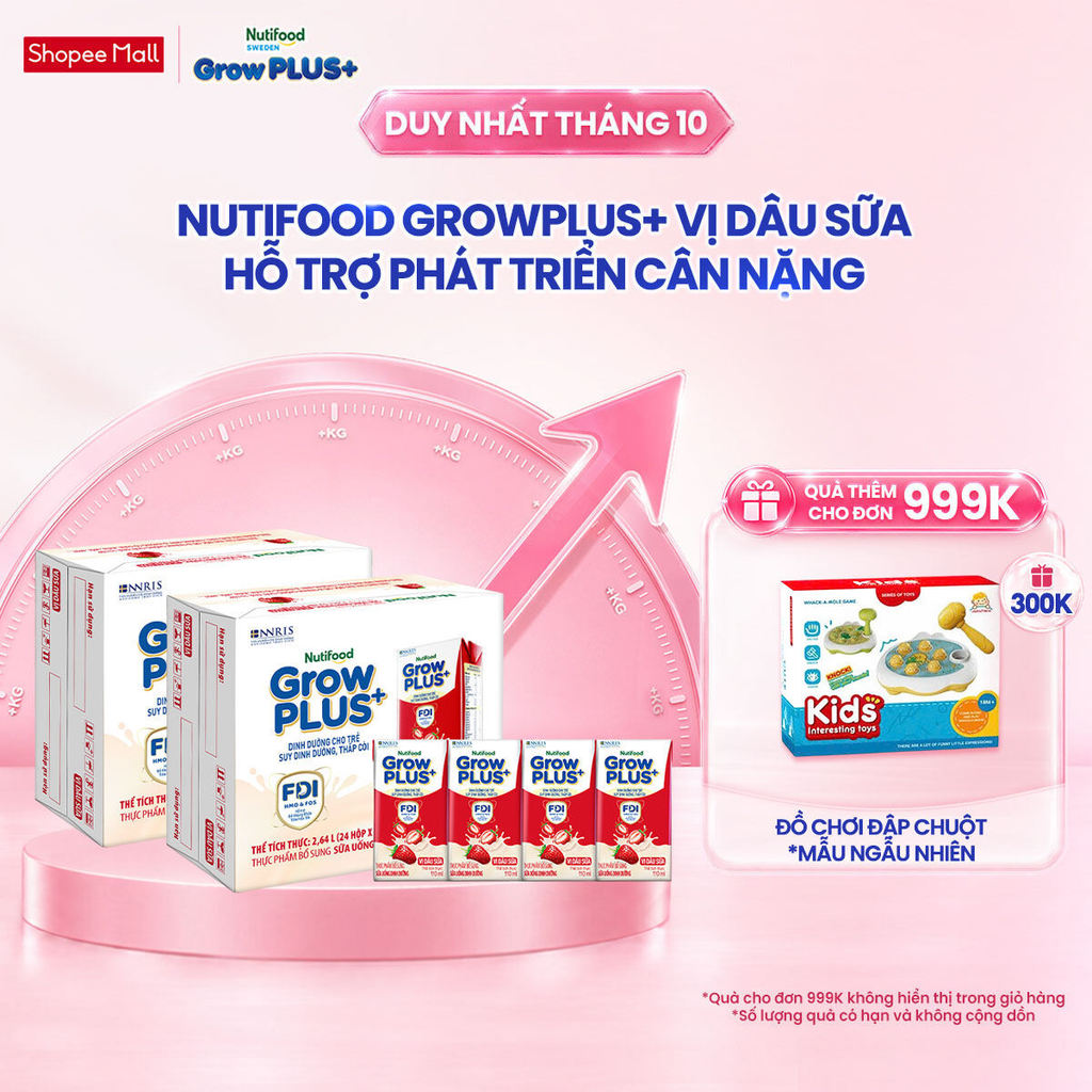 Combo 2 Thùng 24 hộp Sữa bột pha sẵn Nutifood GrowPLUS+ Vị Dâu Sữa hộp 110ml - Trên 1 tuổi