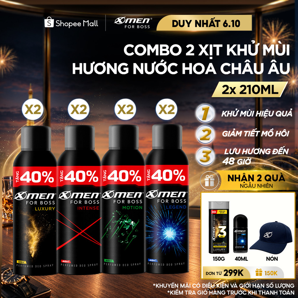 [Tặng thêm 40% dung tích] Combo 2 Xịt khử mùi X-Men For Boss 210ml/chai Khô Thoáng Lưu Hương 48H