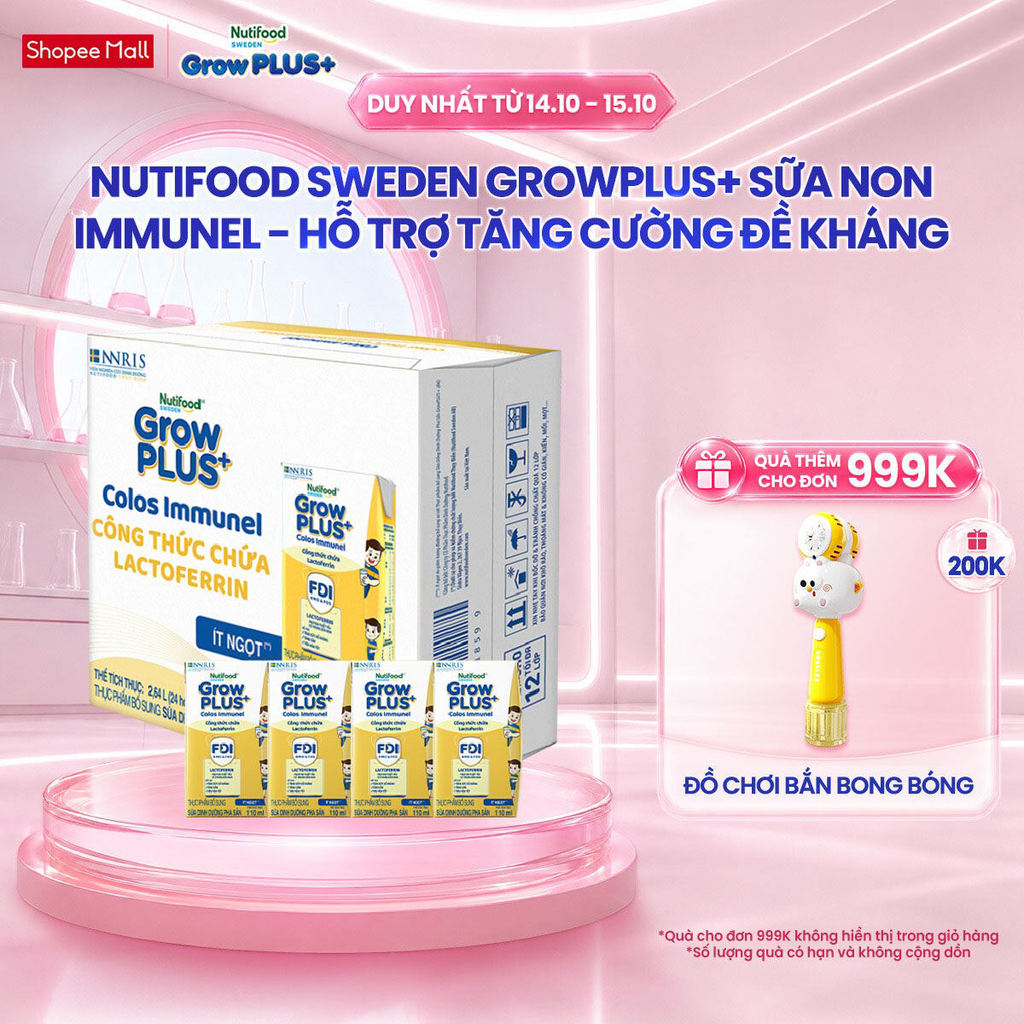Thùng 24 hộp Sữa Bột Pha Sẵn Nutifood Sweden GrowPLUS+ Sữa Non Immunel (24 hộp x 110 ml) (Bao bì tuỳ lô hàng)