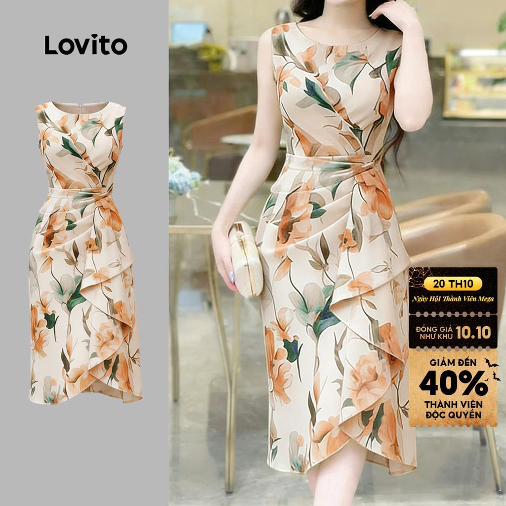 Lovito Đầm nữ mùa xuân/hè không đối xứng hoa bèo nhún phong cách thường ngày L196ED941