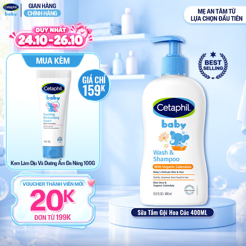 Sữa tắm gội dưỡng ẩm dịu lành cho bé với Calendula hoa cúc hữu cơ CETAPHIL BABY W&SHAMPOO CALENDULA 400ML