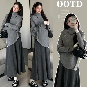 Bộ đồ bà bầu Thu Đông gồm áo len dáng rộng cổ cao và váy đuôi cá