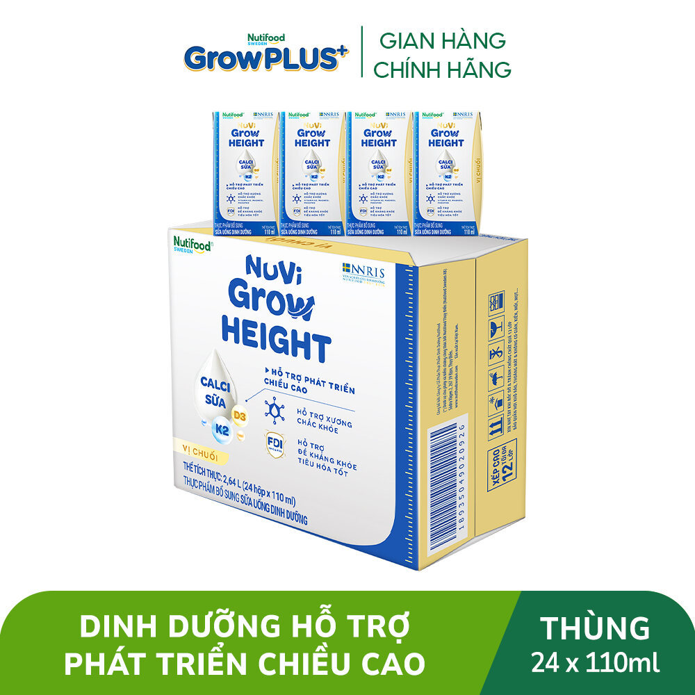 Thùng 24 hộp SBPS Nuvi Grow Height vị chuối 1+ hỗ trợ phát triển chiều cao hộp 110ml