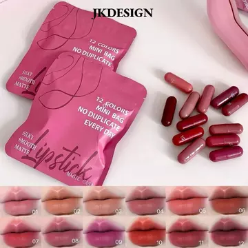 JKDESIGN 12 viên nang Son môi, Son môi mờ nhung mờ lâu trôi, Son môi họa tiết không dính 12 màu Kích thước du lịch