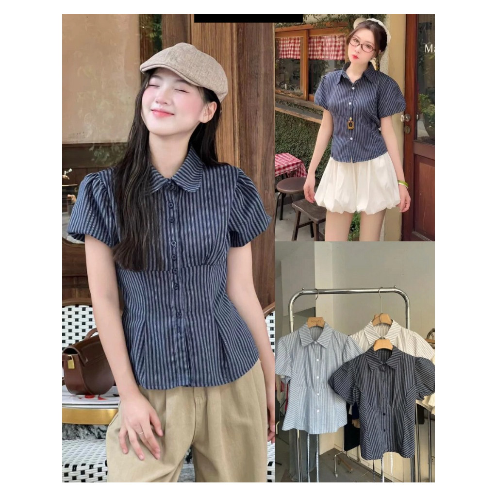Áo Sơ Mi Kẻ Tay Bồng - Áo Kiểu Babydoll Kẻ Chiết Eo Phối Dây Buộc Eo Xinh Xắn_A532,A604