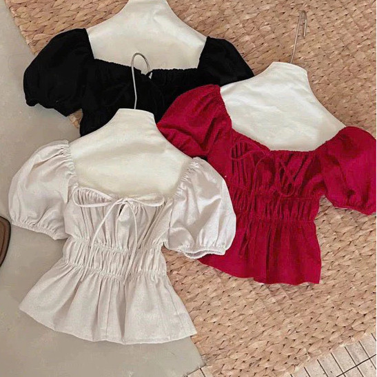 Áo babydoll linen kiểu xinh tay phồng tiểu thư công chúa bo thân nơ coquette ngực xinh xắn Sài Gòn M329