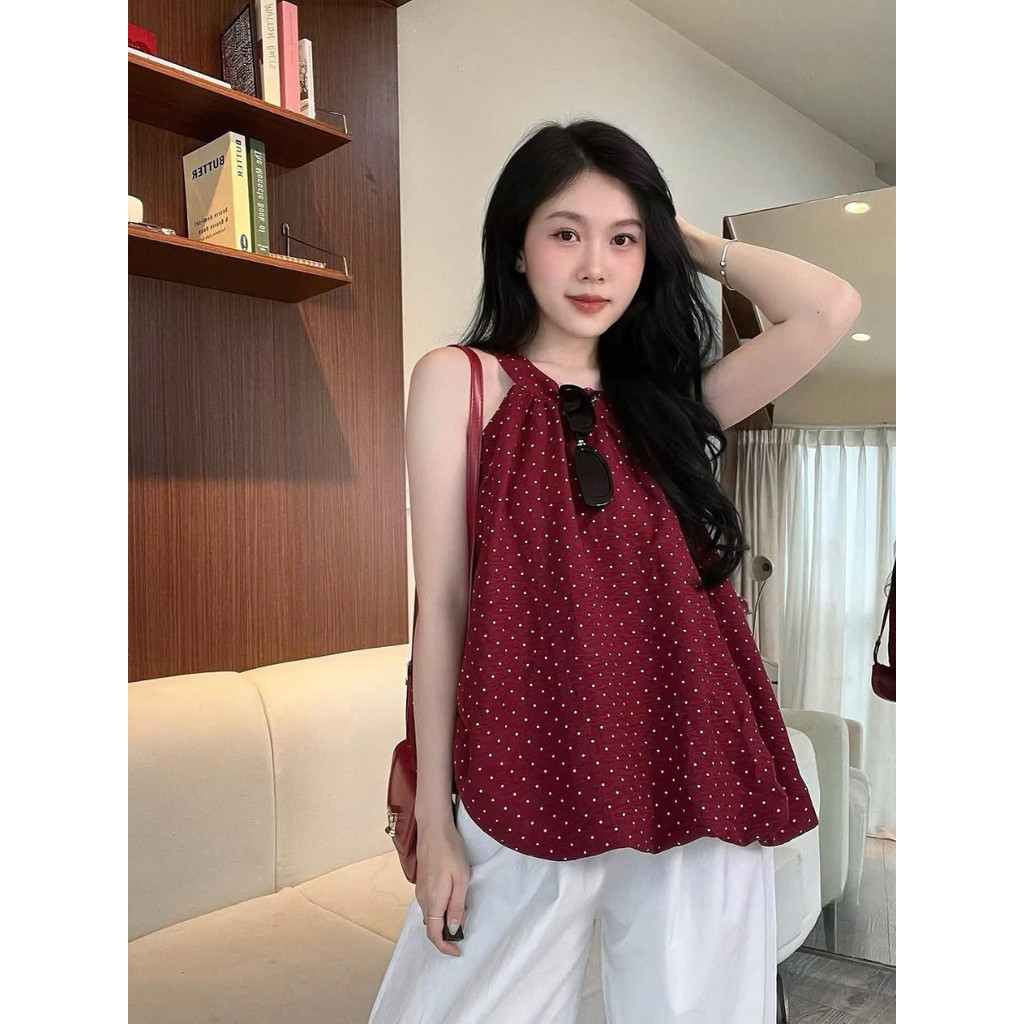 Áo Cổ Yếm Nữ Dáng Bí Trứng Phồng Freesize- Áo Babydoll Họa Tiết Kẻ Sọc Thiết Kế Độc Lạ_A593