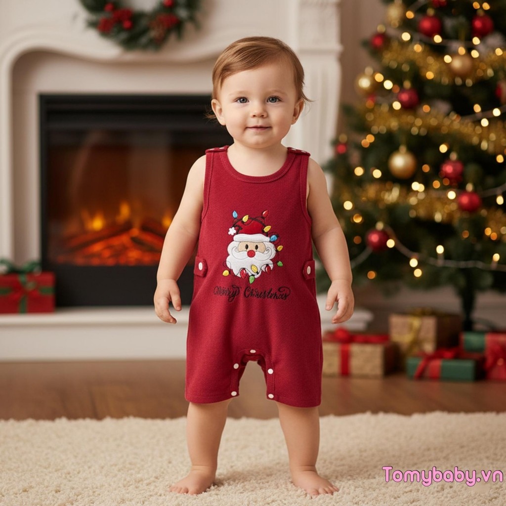 Bộ áo liền quần cổ tròn không tay thêu chữ ông già Noel cho bé trai bé gái