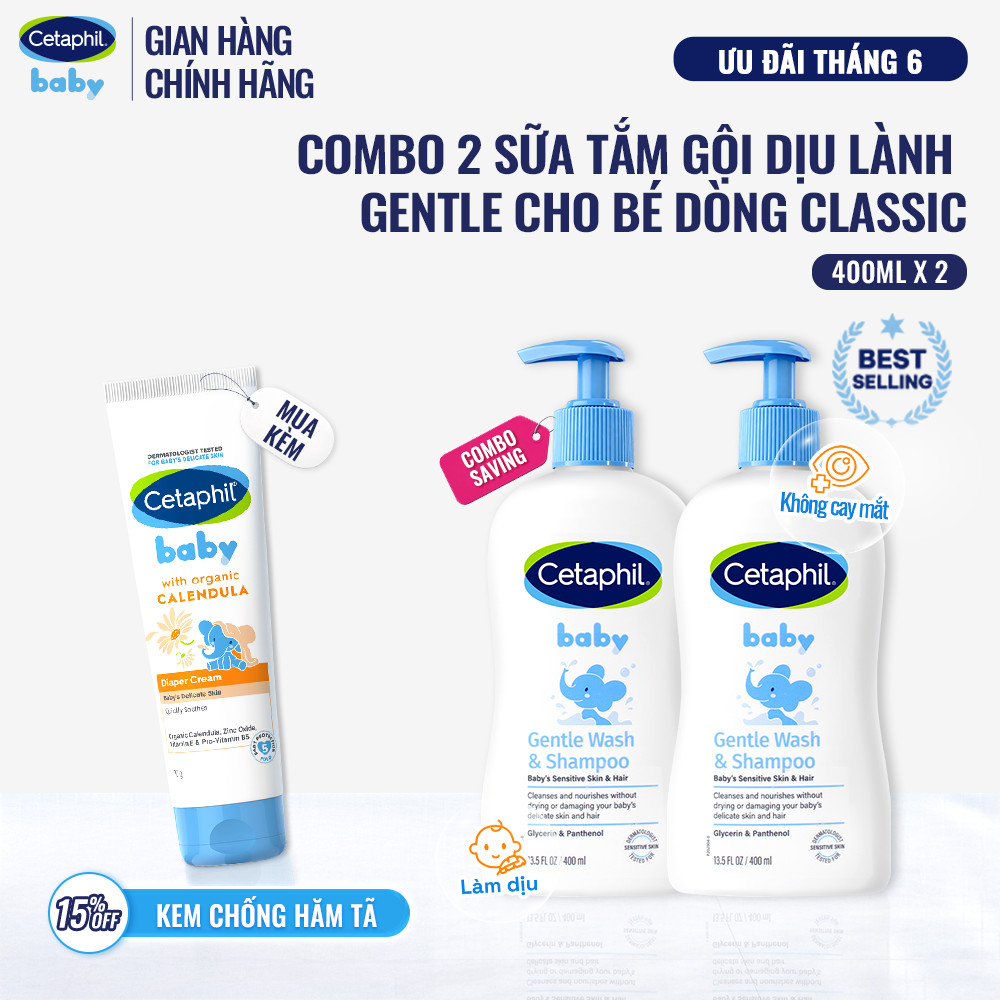 Combo 2 Sữa tắm gội dịu lành cho bé Cetaphil Baby Gentle Wash & Shampoo 400ml/chai