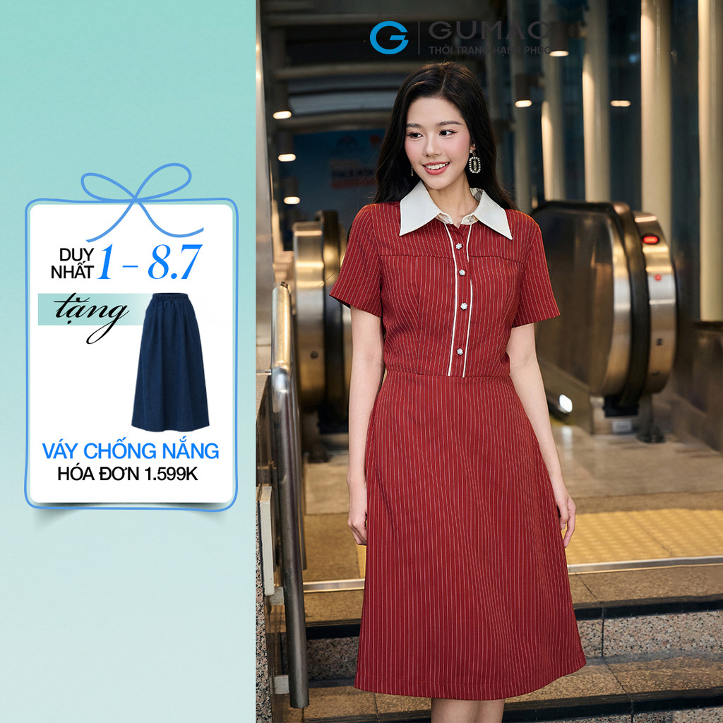 Đầm GUMAC form A tay ngắn cổ sơ mi viền nẹp phối màu trẻ trung DF12025