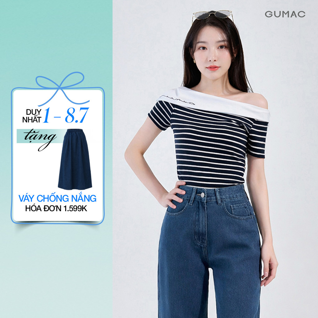 Áo Thun Nữ GUMAC Form Regular Tay Ngắn Trễ Vai Thanh Lịch Hiện Đại LAF0815