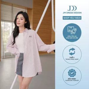 Áo sơ mi rộng xẻ sau 2S14.2503K, áo sơ mi kẻ, sơ mi nữ trắng form rộng thiết kế bởi JM Dress Design