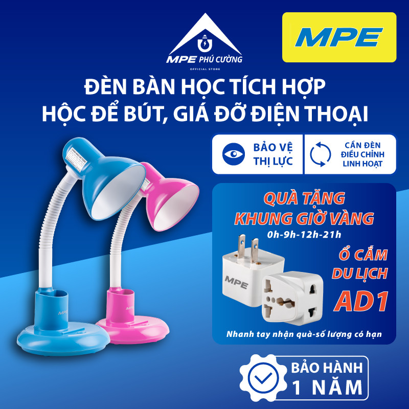(CHÍNH HÃNG) MPE - Đèn bàn học màu xanh-hồng bảo vệ thị lực 5W Tích hợp hộc để bút giá đỡ điện thoại